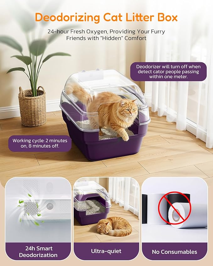 Large Cat Litter Box with Transparent Lid, Foldable Hooded Litter Box with Front Door Flap for Privacy, Easy Clean Non-Sticky Litter Box with Intelligent Deodorizing, (21.6" L x 17.8" W x 17.3" H)