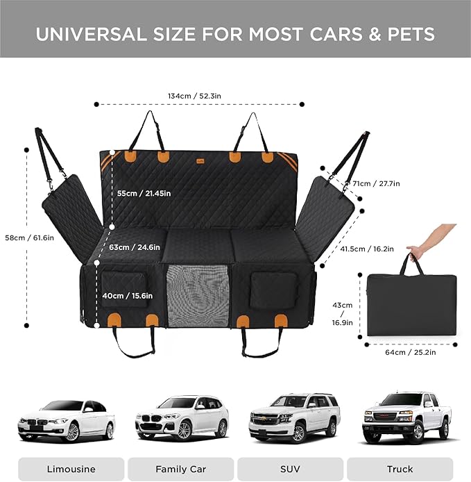 MADE 4 PETS Dog Car Seat Cover for Back Seat - Back Seat Extender for Dogs, Holds 400lbs, Waterproof & Non-Slip Dog Hammock for Car, 8-Layer Hard Bottom with PE Foam, Easy to Install & Clean