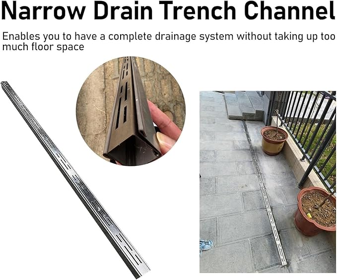 Slim Channel Drain Kit - 304 Stainless Steel Low Profile Outdoor Drainage System for Terrace & Garden, 10x3cm (4x1.2in) Trench Drainage Solution