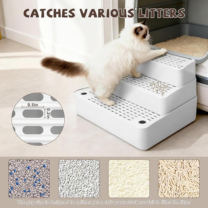 Adjustable 3 Steps Cat Ramp for Litter Box, Detachable Cat Pedal Step Stool with Filter Function, Double Layered Cats Litter Trapper, Suitable for Small&Elderly Cats, Non-Slip(White)