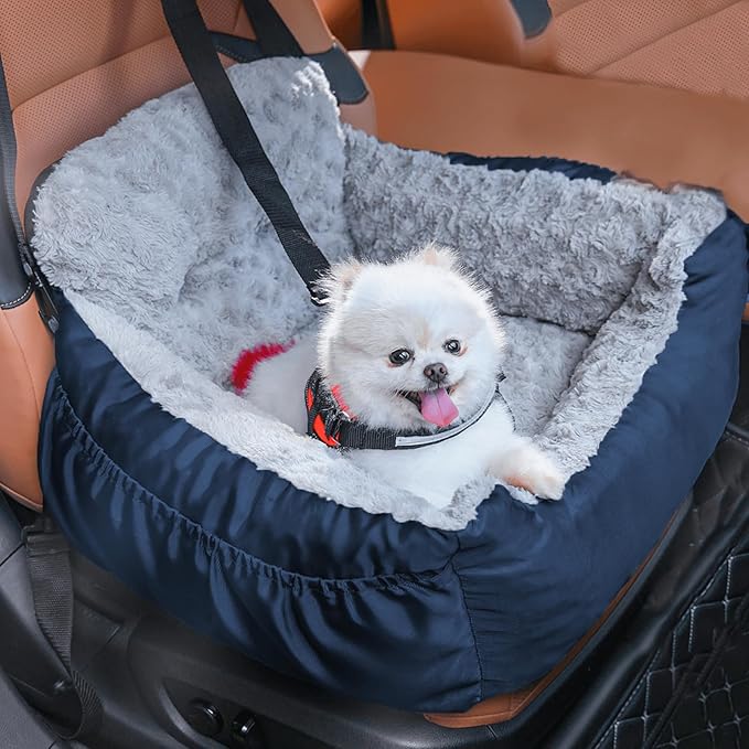 Dog Car Seat for Small Dogs,Washable Pet Booster Seats for Car with Clip-On Safty Leash, Reversible Puppy Carseat with Storage Pockets, Travel Carrier Bed for Dogs Under 25 lbs, Blue