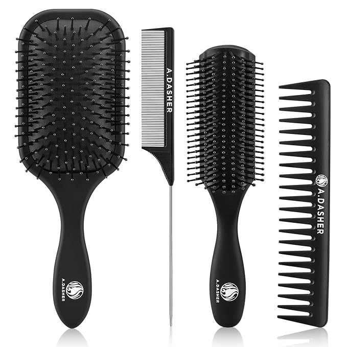 4Pcs Paddle Hair Brush Set, Detangler Brush and comb Afro 3/4abc Texture - Detangling Hairbrush for Wet Dry Long Thick Thin Natural Curly Hair(Black)