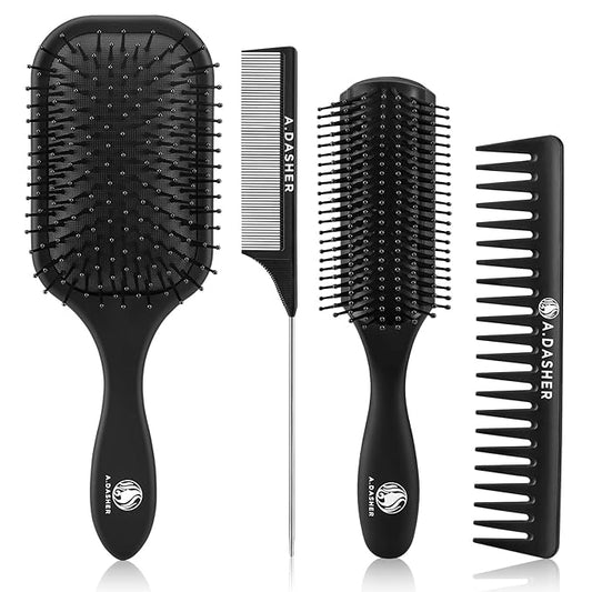 4Pcs Paddle Hair Brush Set, Detangler Brush and comb Afro 3/4abc Texture - Detangling Hairbrush for Wet Dry Long Thick Thin Natural Curly Hair(Black)