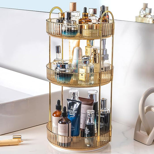 Rotating Makeup Organizer Countertop 3 Tier Lazy Susan Trays Clear Skincare Perfume Storage for Bathroom Counter Vanity, Amber Gold