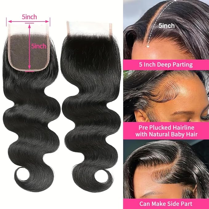 Selina 5x5 Body Wave Lace Closure Human Hair Unprocessed Brazilian Virgin Hair Free Part Closure Human Hair Extensons for Women Natural Black Color 8Inch