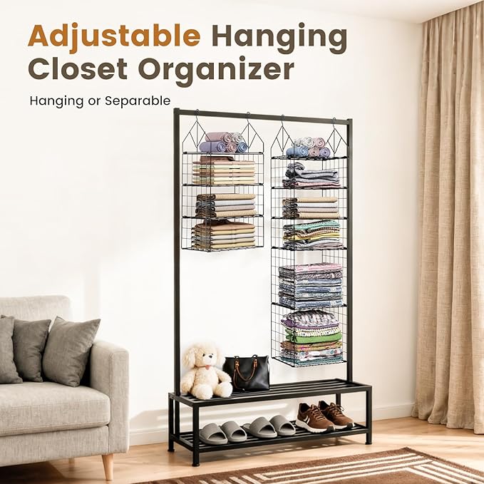 2 Pack Hanging Closet Organizer, 5 Tier Stackable Closet Organizer Foldable Closet Organizers and Storage Hanging Shelves with Hanging Hooks for Closet Clothing Sweaters Pants Shoes Handbags