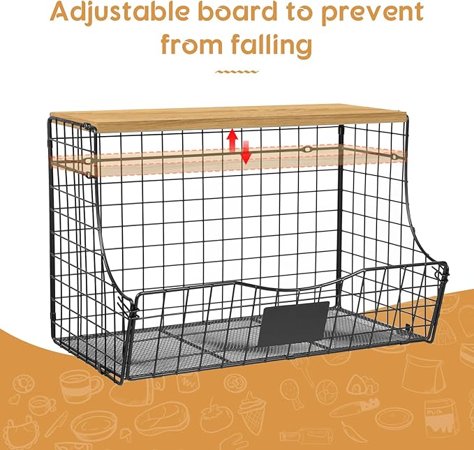 3 Pack Extra Large Fruit Basket for Kitchen with Wood Lid Nameplate - Counter&Wall Mounted Onion and Potato Storage Bin, Stackable Metal Hanging Wire Baskets,15.35 * 8.66 * 10.63 inch