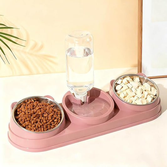 Elevated Cat Bowl Set, 15° Raised Cat Food and Water Bowl with Dispenser, Pet Dishes for Indoor Cats, Small Medium Dogs & Rabbit Feeding, Anti-Vomiting, Slow Feeder (Pink)