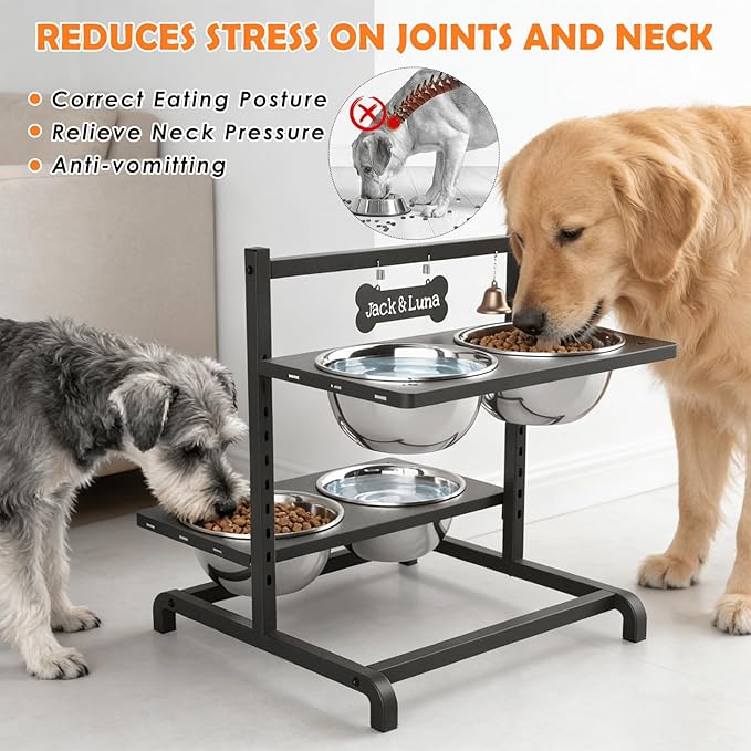 Elevated Dog Bowl Stand with 4 Stainless Steel Bowls (1700ml/58oz) – 9 Height Adjustable Raised Pet Feeder from 4.9" to 14.5" for Large Dogs & Multi-Pet Homes, with Bone Name Tag