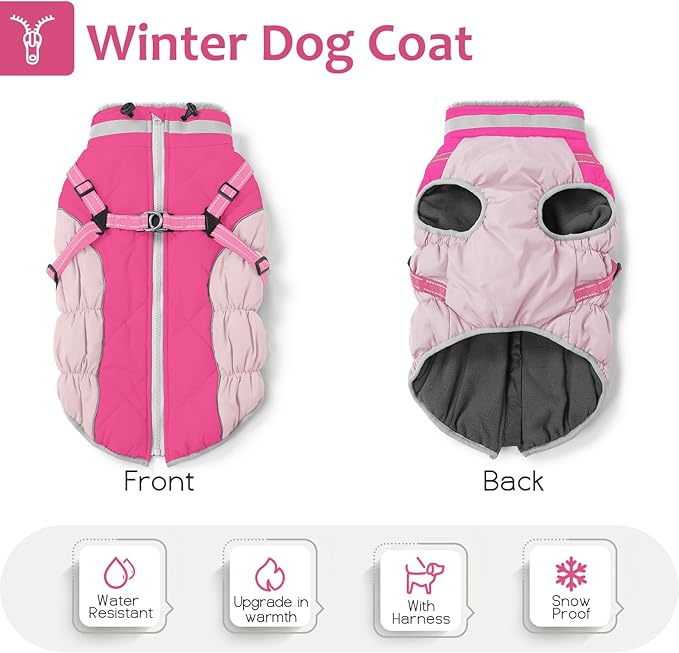 Dog Winter Coat with Harness, Dog Jacket, Pet Clothes with Zipper on Back, Waterproof Windproof Warm Vest, Reflective Cold Weather Coats, for Small Medium Large Dogs, Thick, Pink, 3XL