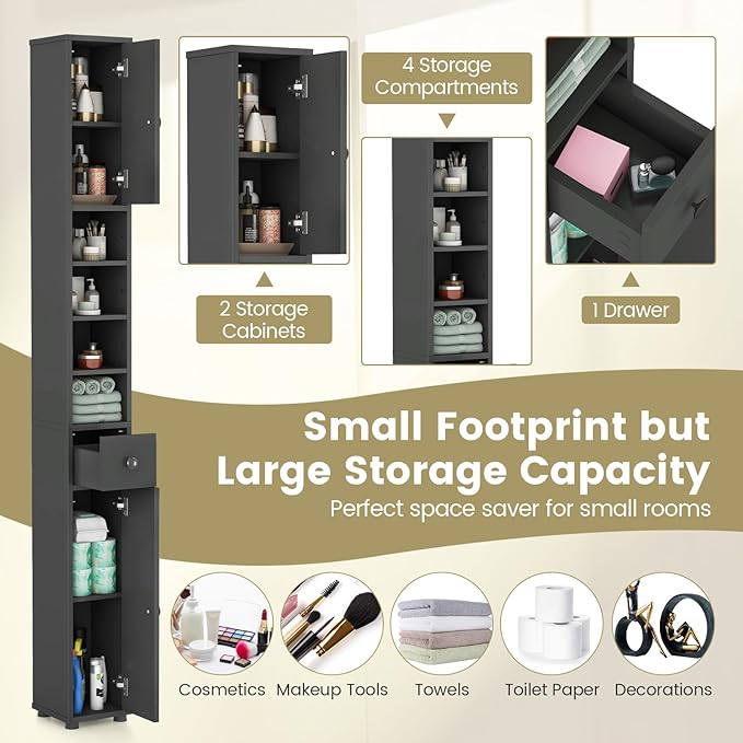SIMOE Slim Bathroom Tall Cabinet, Freestanding Floor Storage Organizer with 2 Doors, 1 Drawer & 5 Adjustable Shelves, Narrow Linen Tower for Small Spaces, Wood Fiber Board Material, Bathroom Organizer