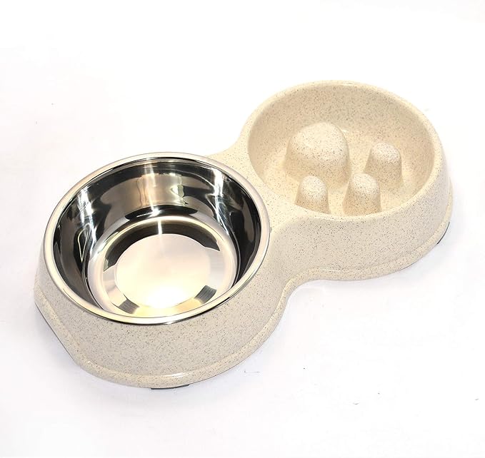 Dog Slow Eating & Drinking Bowl,Stainless Steel Interactive Slow Feed Dog Bowl for French Bulldog,Slow Down Eating Eco-Friendly pet Bowl for Frenchie(White)