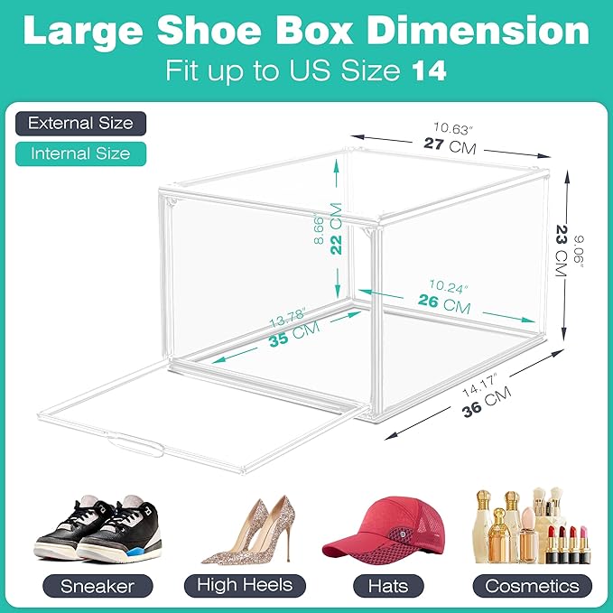 12 Pack Drop-Front Clear Shoe Storage Box Acrylic Box Shoe Organizer Size 13, Stackable Shoe Tower with Magnetic Door Large Storage Bins for Sneaker Containers Display & Closet Organization