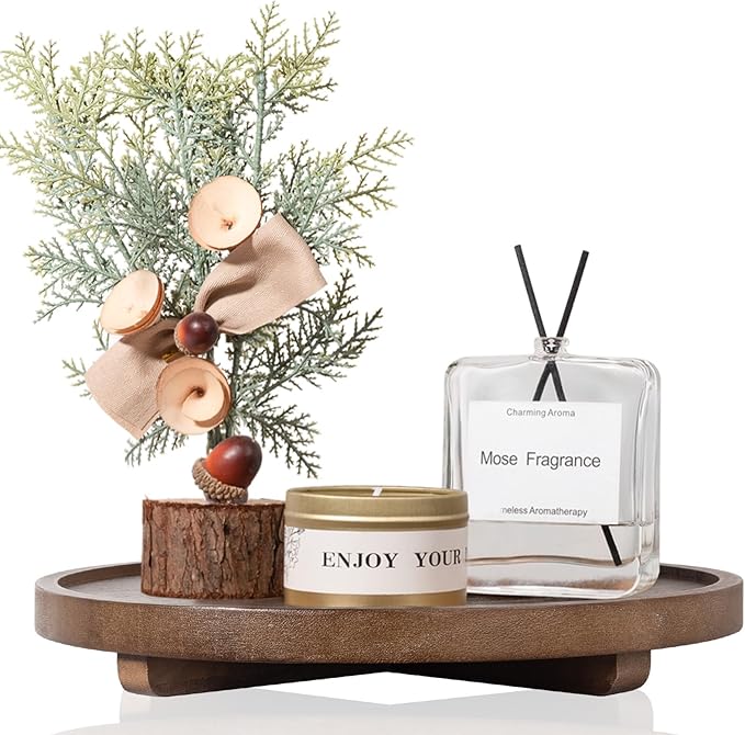 Round Decorative Tray Wood Bathroom Counter Organizer Farmhouse Kitchen Decor Wooden Riser for Soap Dish, Perfume, Candle, Sponge, 11" - Walnut