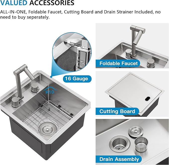 15 Inch RV Kitchen Sink - Fulorni 15"x17" Outdoor RV Mobile Camper Wet Bar Prep Sink Undermount 16 Gauge Stainless Steel Single Bowl Basin with Foldable Faucet