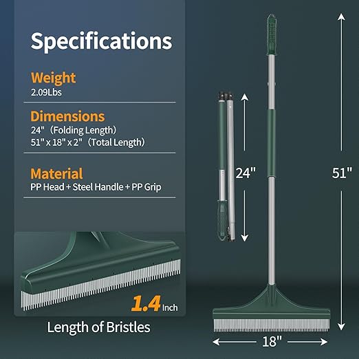 Artificial Grass Turf Rake with Foldable Lightweight Steel Handle, 51" Folding Turf Brush for Carpet Cleaner with Ergonomic Design, Suitable for Pet Hair Removal, Silver Handle and Green Head