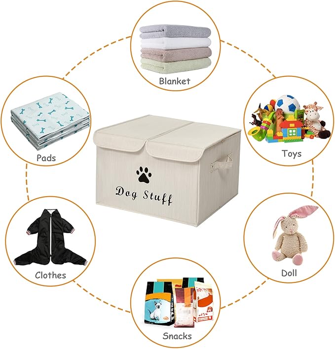Geyecete Large Storage Boxes - Large Linen Fabric Foldable Storage Cubes Bin Box Containers with Lid and Handles for Dog Apparel & Accessories, Dog Toys(BambooiBeige)