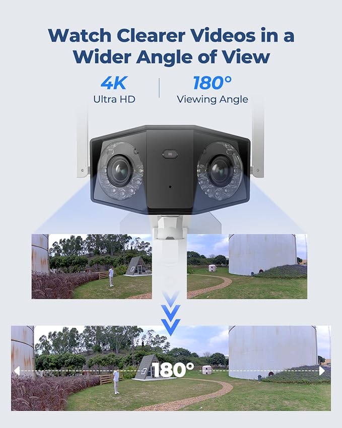 REOLINK 4K WiFi Security Camera with 180° Ultra-Wide Angle, 2.4/5GHz Plug-in Outdoor Camera, Smart Human/Vehicle/Animal Detection, Color Night Vision, Two-Way Talk, DC 12V/2A, Duo 2 WiFi