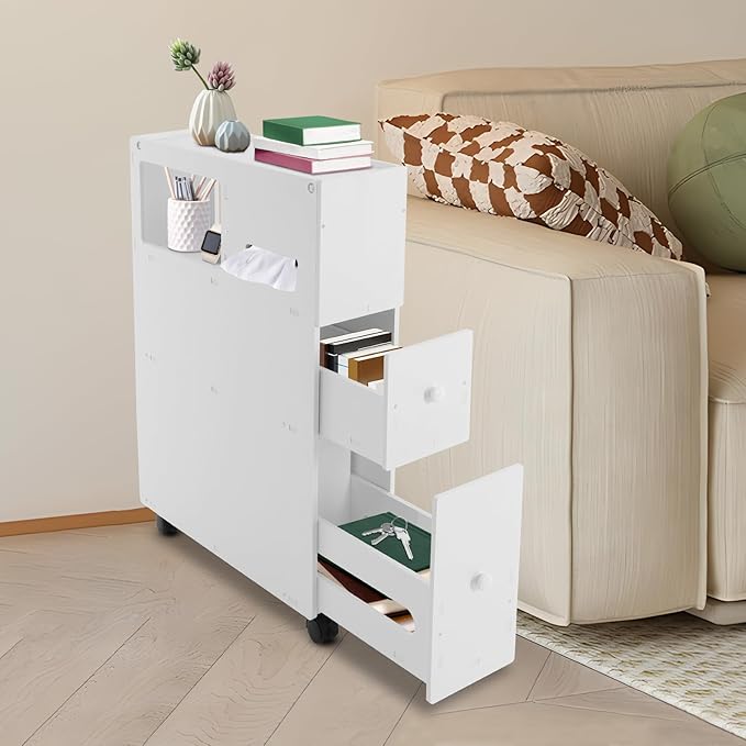 Toilet Paper Holder Stand - Narrow Floor Storage Cabinet with Drawers for Small Bathrooms - White