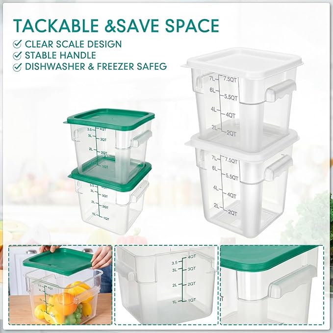 Lallisa 4 Pcs 8qt & 4qt Clear Food Storage Containers with Lids Handles and Scales, Stackable Plastic Square Food Storage Containers for Dough Proofing Baking Kitchen Restaurant(White, Green)