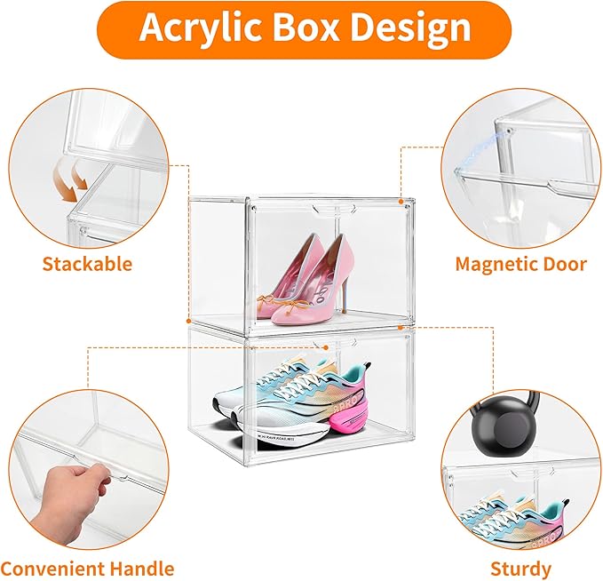 3 Pack Clear Acrylic Sneaker Shoe Display Case,Shoe Storage Boxes Stackable,Acrylic Boxes for Shoes Display with Lid,Boot Storage Organizer for Tall Boot,Purse Handbag Organizer for Closet