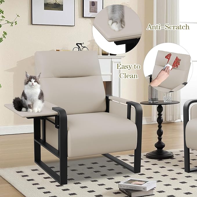 Modern PU Leather Accent Chairs Set of 2 Upholstered Armchairs with Tray Table Leisure Side Chairs for Living Room Bedroom Office Beige