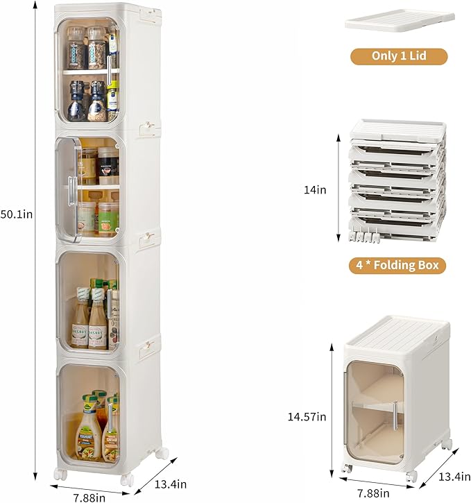 Narrow Bathroom Storage Cabinet with Wheels, 4-Tier Plastic Slim Organizer with Adjustable Shelves for Small Spaces,Bathroom, Kitchen, Milky White