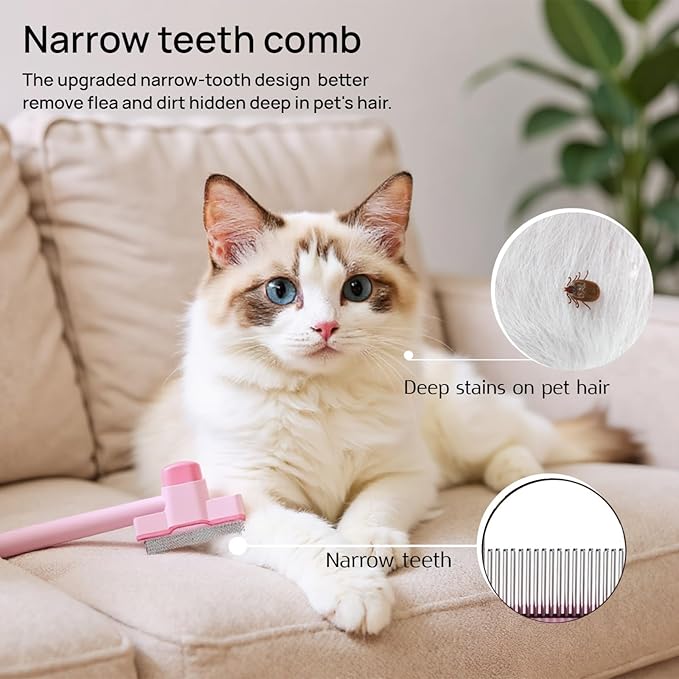 Flea brush for Cat and Dog with pet hair removal glove set, 2PCS flea comb for Shedding, Flea and Massaging, the magic brush pet hair remover for Clothes, Furniture, Carpets & Bedding