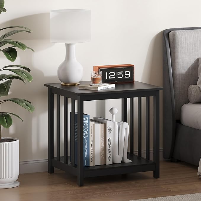 Treocho End Table, 24 Inch Square Side Table Living Room with 2-Tier Storage Shelf, Modern Nightstand for Living Room, Bedroom, Office, Black
