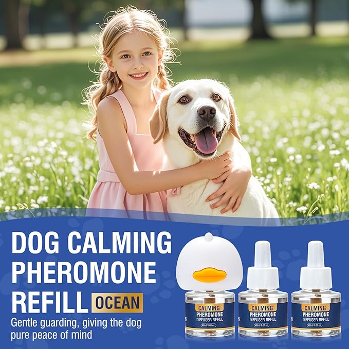 Dog Pheromone Calming Diffuser 4 In 1 Appeasing Pet Pheromones Diffuser to Calm Kit (Plug in+ 3 Pack 48ml Refill) 90 Day Supply for Anxiety Relief Reduce Barking Aggression Fighting Stress (Ocean)