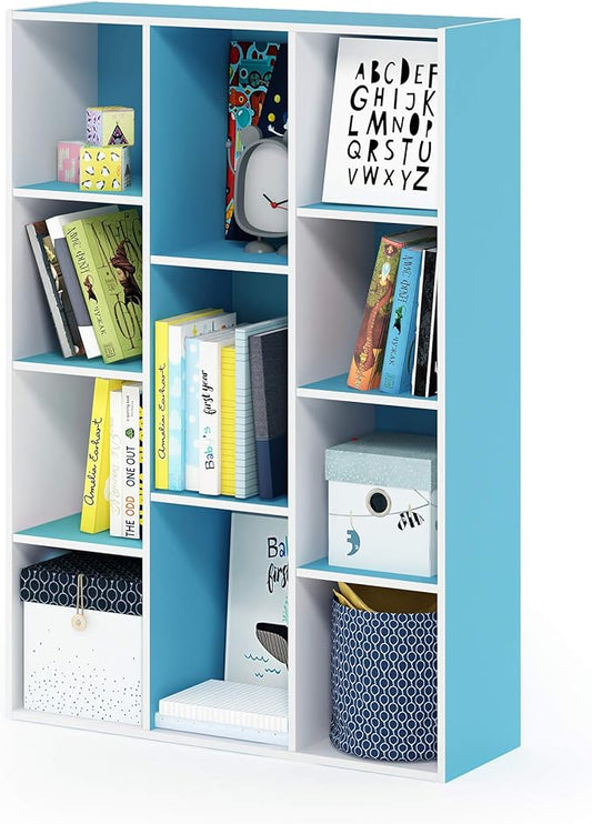 Furinno LUDER Book Shelf, 11-Cube Bookshelf, Reversible Bookcase, 9.4 x 29.1 x 41.7, for Living Room, Bedroom, Home Office, White/Light Blue