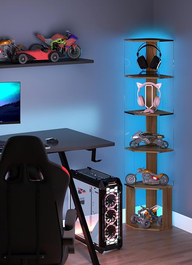6 Tier Corner Display Rack with Light Clear Arylic Corner Shelves 63in Tall Cabinet with Dimmable LED Light for Display Curio Cabinet