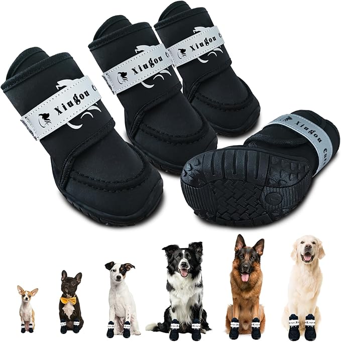 Dog Shoes for Small, Medium and Large Dogs - Waterproof for Rainy Days, Fit for Winter Snow and Hot Summer Roads, with Anti-Slip Soles for Indoor Hard Floors (Black, Size 7)