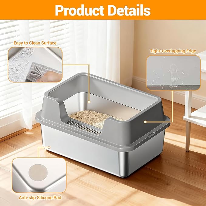 Enclosed Stainless Steel Cat Litter Box with Lid Extra Large Litter Box for Big Cats XL Metal Litter Pan Tray with High Wall Sides Enclosure, Non-Sticky, Anti-Leakage, Easy Cleaning