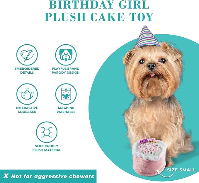 Haute Diggity Dog Birthday Girl Cake, Plush Designer Dog Toys with Interactive Squeaker, Stimulating Pet Enrichment, Machine-Washable & Safe Materials for All Breeds, Size Large