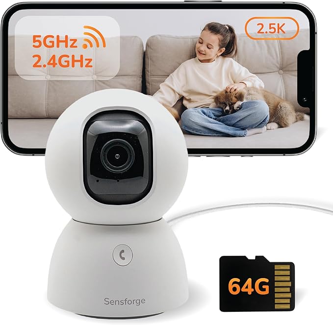 SensForge 2.5K Indoor Pan-Tilt Dome Security Camera, 360° Coverage, AI Human & Pet Detection, Two-Way Talk, Dual-Band Wi-Fi (2.4G/5G), 64GB SD Card, Free Basic Plan, Optional Subscription (1, White)