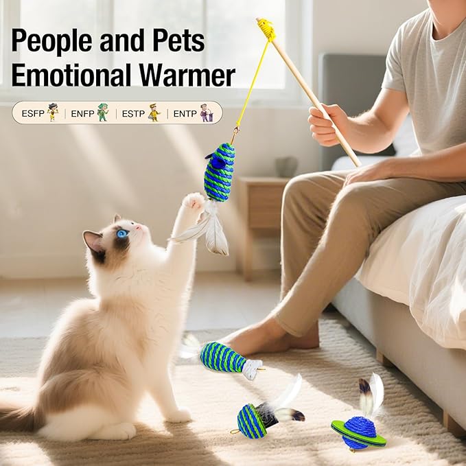 UTEE Cat Feather Wand Toy Set – Interactive Teaser Wand with 7 Replacement Feather Heads, Eco-Friendly Rope Design, Stimulating Indoor Play for Exercise & Bonding (Blue & Green)