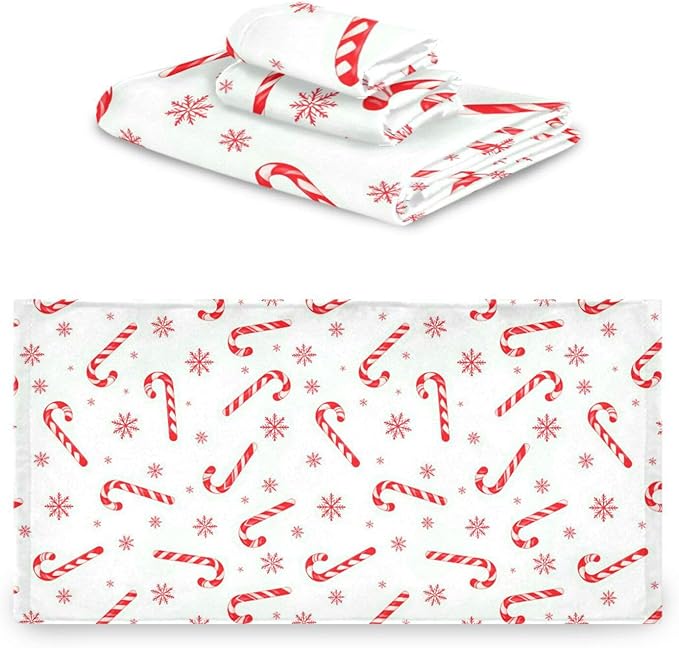 Pfrewn Christmas Winter Towels Set of 3 Red Candy Cane Snowflakes Bathroom Towel Soft Absorbent Bath Hand Towels Washcloth Guest Towel Sets Xmas Holiday Decor