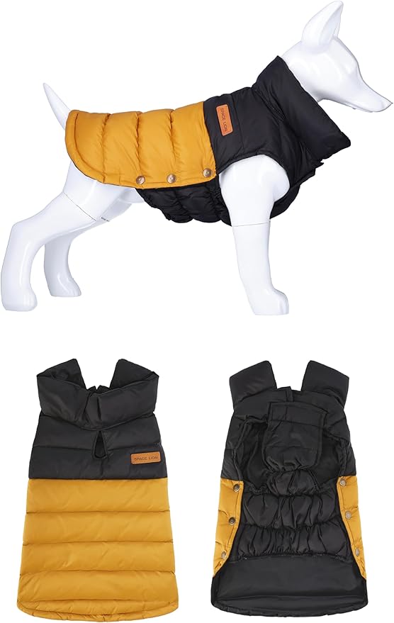 SPACE LION Dog Puffer Jacket, Down Winter Coat, Durable Outdoor Coat for Cold and Windy Conditions, Lightweight & Adjustable Fit Coats for Medium & Large Dogs,(BlackKhaki, Size18/L+)