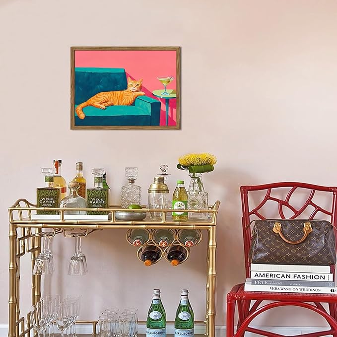 Funny Cat Wall Art Orange Cat With Martini Wall Decor Painting Whimsical Animal Cocktail Bar Cart Poster Canvas Prints Quirky Pet Lover Picture for Bedroom Living Room Wood Framed 12x16 inch