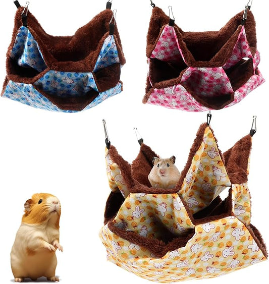 Weewooday 3 Pcs Rat Hammock 3 Tier Ferret Hammock Cage Hanging Bed Cage Accessories for Pet Guinea Pig Hamster Parrot Sugar Glider Ferrets Rat Chinchilla Playing Sleeping(Blue, Pink, Yellow)