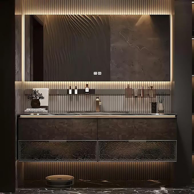 44in Luxury Bathroom Vanities - Bathroom Vanity with Sink, Wall-Mounted Storage with 2 Large Side Cabinets Intelligent Defogging & Led Lights | Multi-Layer Solid Wood