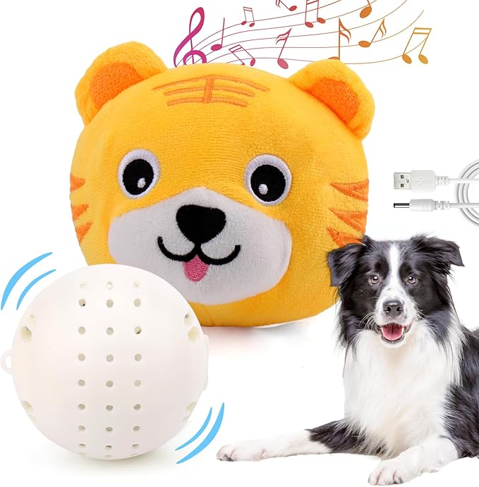 Mity rain Interactive Dog Toys, Active Moving Pet Plush Toy for Dogs, Dog Squeaky Moving Ball Toys with Chewable Plush Cover&Music for Small Medium Large Dogs Chasing (Tiger Pattern)
