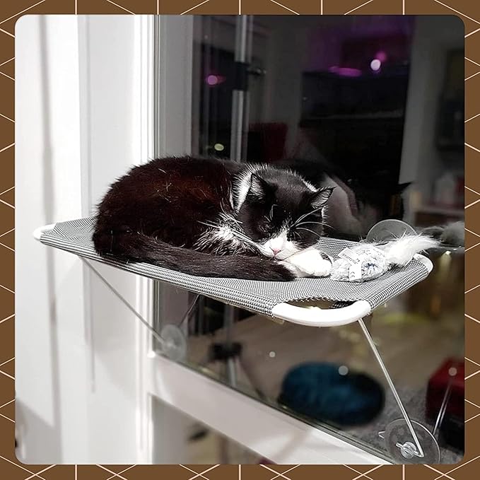 Cat Window Perch with 360° Sunbath, Hammock Bed for Indoor Cats, Grey Comfortable Seat for Sunbathing, Easy to Install on Any Window (Large)
