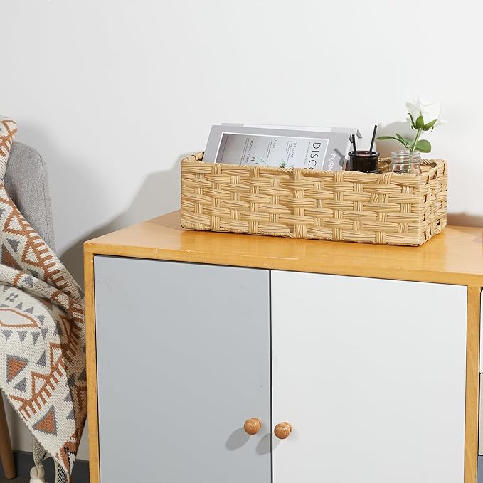Bidtakay Small Wicker Baskets for Organizing Woven Baskets for Storage 2-Pack Waterproof Imitation Wicker Narrow Storage Bins for Shelves Towels Baskets for Washroom Natural