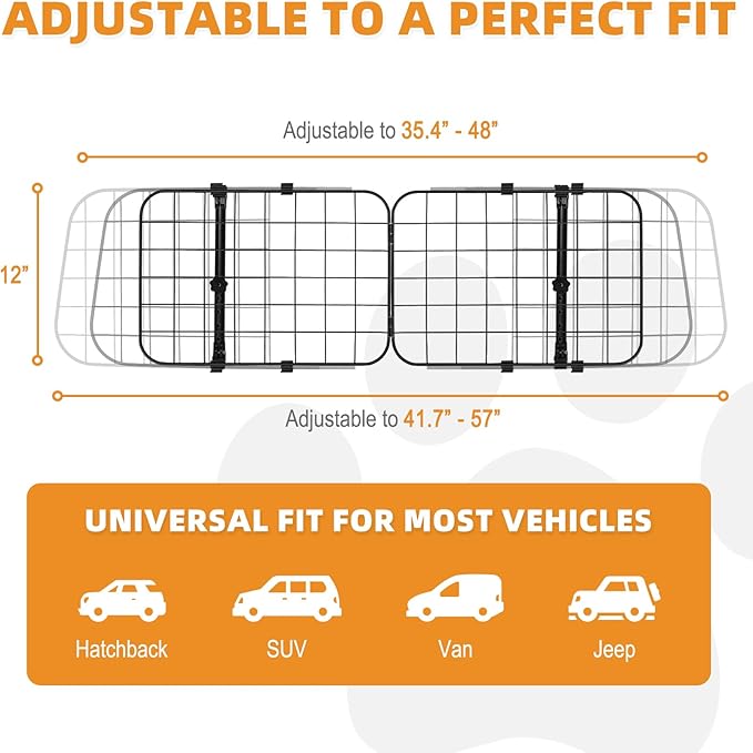 KOOLTAIL Dog Barrier for SUV, Heavy-Duty Adjustable 35.4”-57” Dog Car Barrier for Cargo Area, Foldable Stable Wire Mesh Pet Gate, Universal Fit for SUV, Van, Hatchback, Truck, 3-Panel