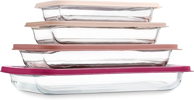 COOK WITH COLOR 8-Piece Deep Glass Baking Dish Set with Plastic Lids – Casserole and Food Storage Containers for Lasagna, Leftovers – Freezer-to-Oven, Microwave & Dishwasher Safe, Rose