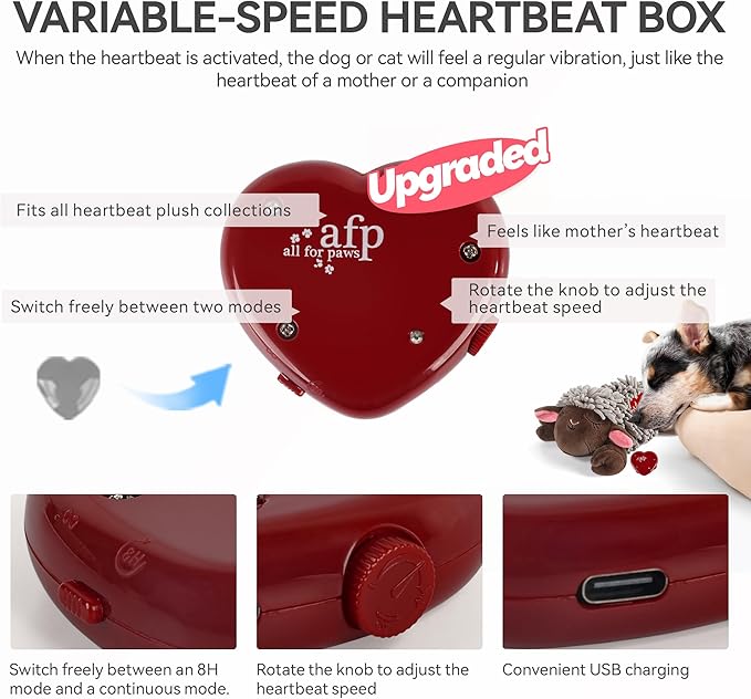 ALL FOR PAWS Heartbeat Dog Toy for Sleep Aid, Stuffed Animal Plush Toy for Puppy Anxiety Relief & Behavioral Training, Snuggling Plush Toy with Warm Bag & Adjustable-Speed Heartbeat, USB Rechargeable