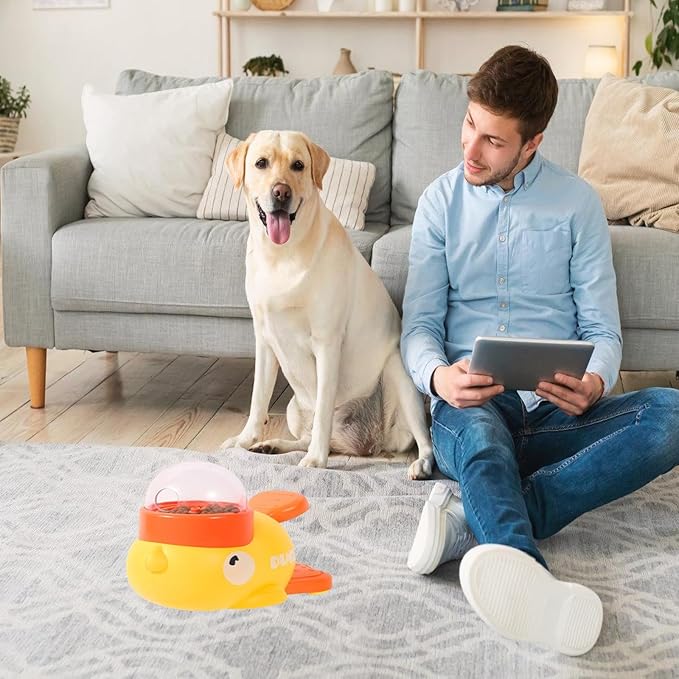 Dog Feeder Puzzle Toy Duck, Duck Cat Treat Dispenser, Press and Get Interactive Pet Feeder, 2-in-1 Nteractive Slow Feeders, Duck Shaped Feeders Bowls for Healthy Eating,Reduces Bloating (Yellow)