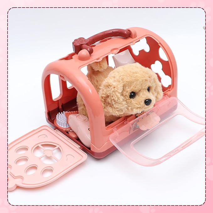 Golray Dog Toys for Kids Girls, Electronic Interactive Walking Barking Dog with 12 Pcs Carrier & Accessories Toddler Girl Toy Dog Puppy Pet Care Pretend Play Set, Birthday Gift for Little Girl 3 4 5 6